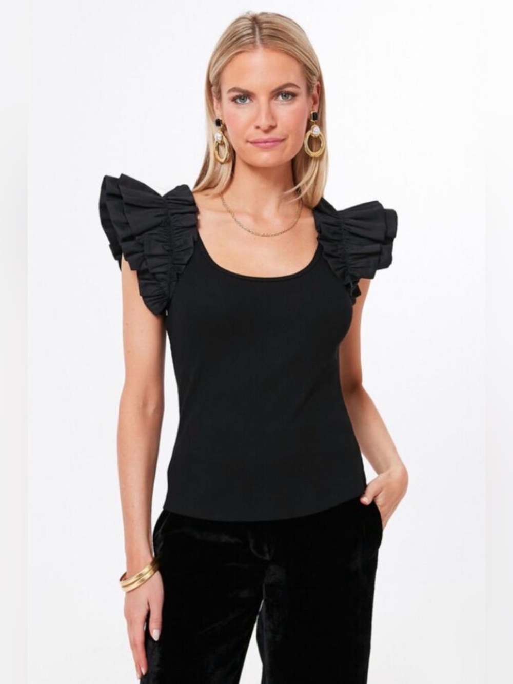 Pomander Place Tuckernuck Cotton Rita Ruffle Sleeve Ribbed Top Black Sz M